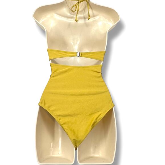 SWMMER LIKET NWT Olive Color Two Cut Out Halter Tie One Piece Swim Suit S Beach - Picture 4 of 7